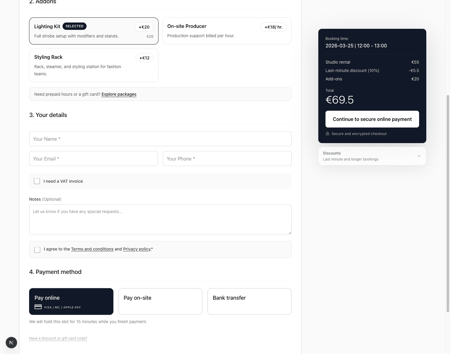 StudioDock public booking form with add-ons, price summary, and payment choices