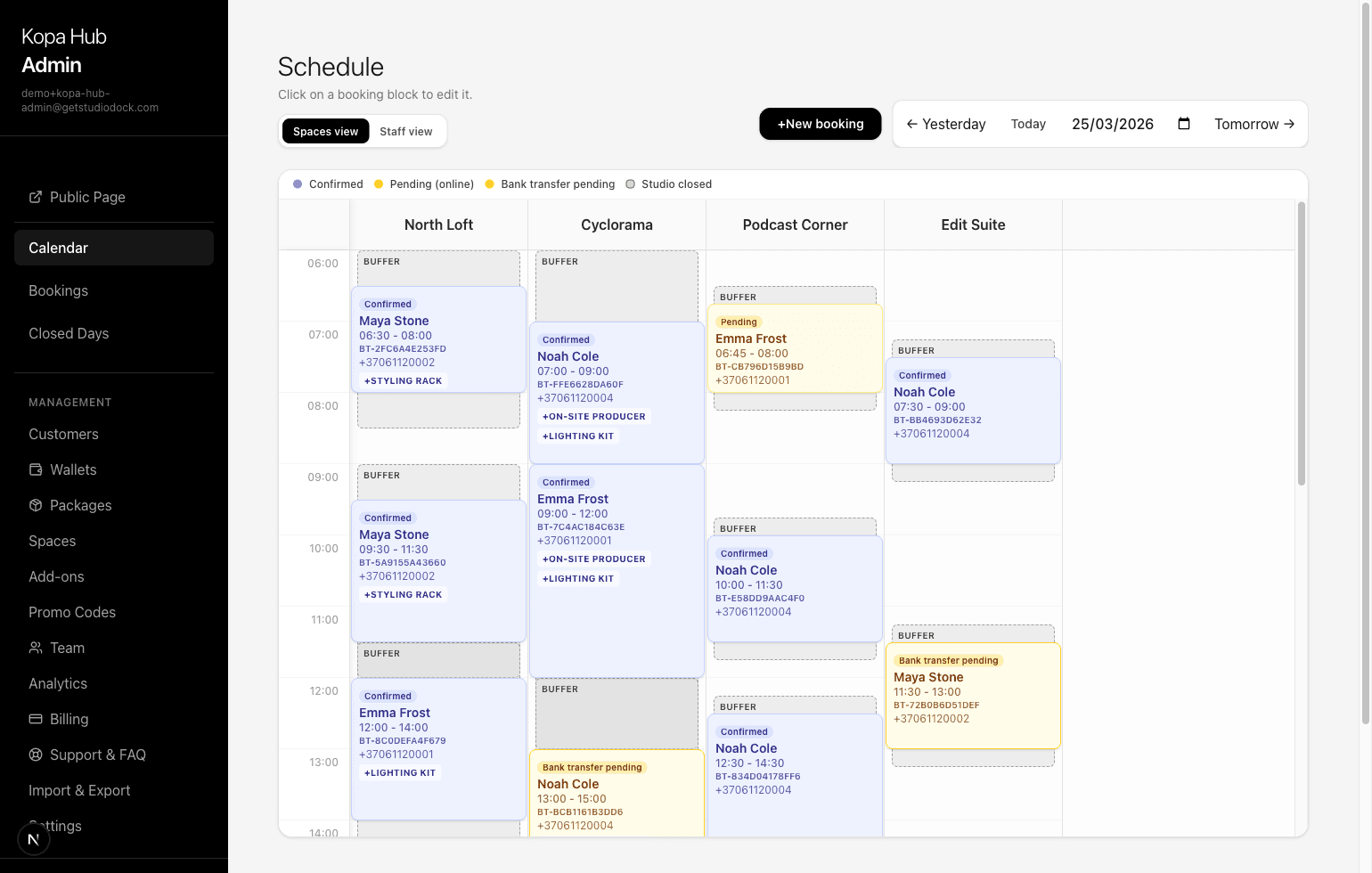 StudioDock admin calendar showing multi-space bookings, pending payments, and buffers