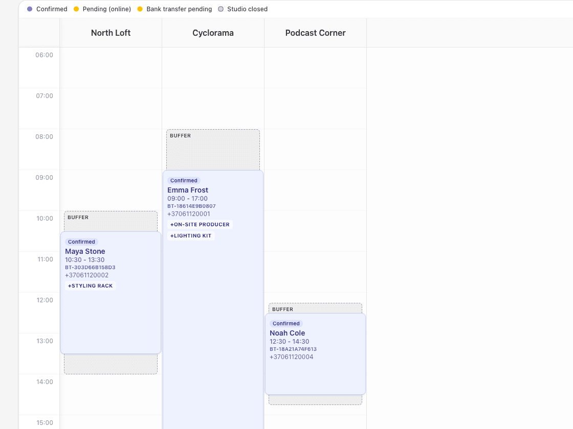 StudioDock admin schedule showing several studio spaces and bookings in one calendar