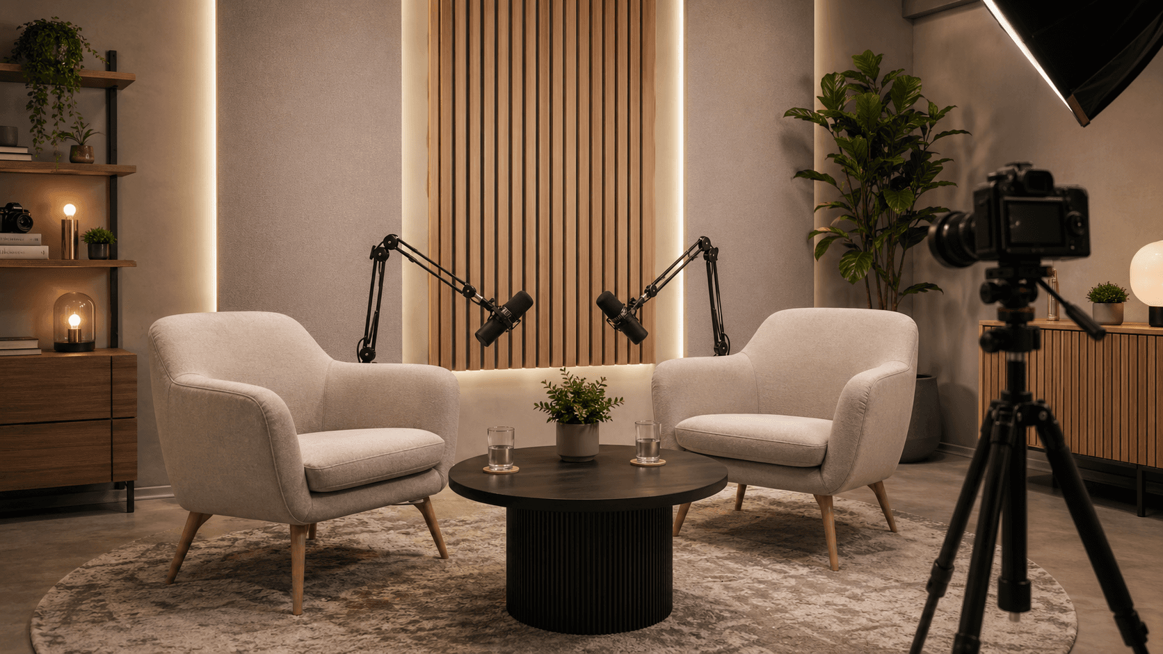 Original modern podcast studio with two recording chairs, microphones, and video setup